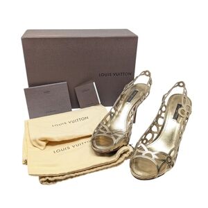 Louis Vuitton Gold Leather Cutout Heeled Dress Up Evening Sandals Size EU 38.5